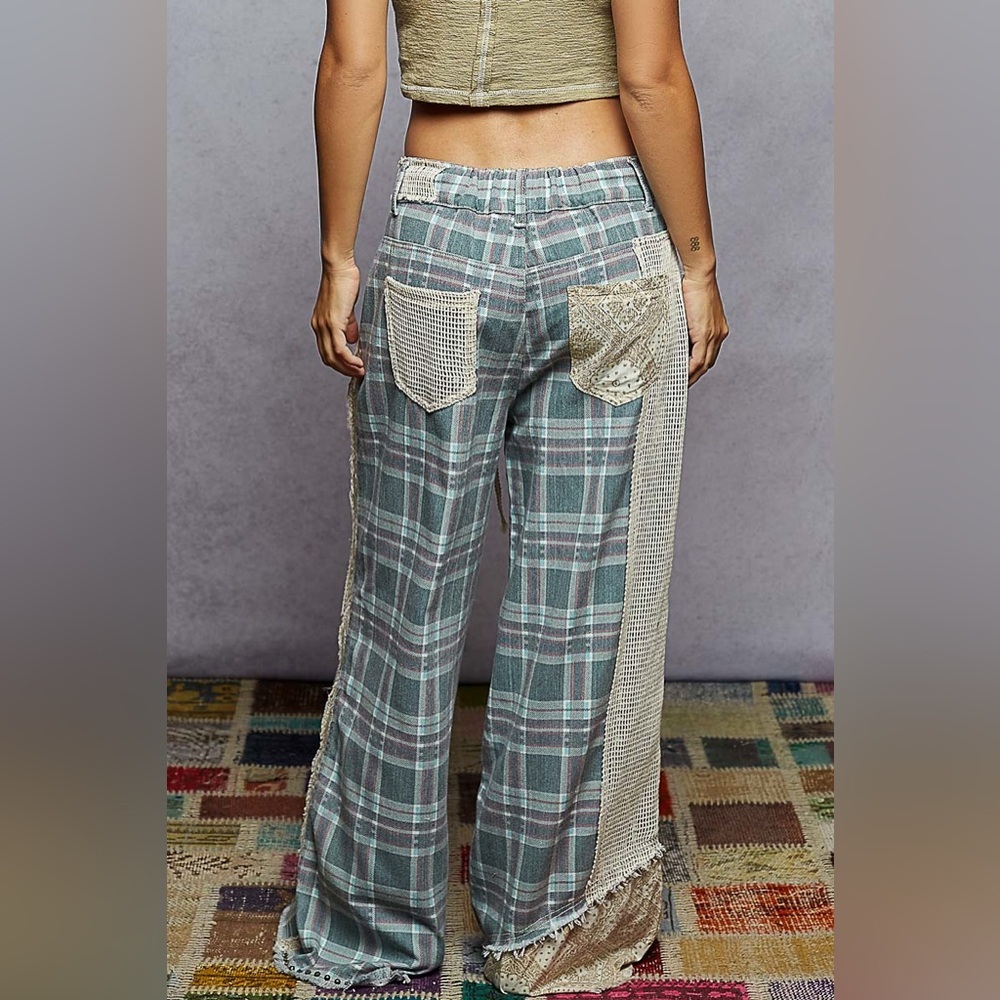 NWT POL Plaid 90’s Grunge Patchwork Crochet Wide Leg Pants Jeans Denim - Picture 7 of 7